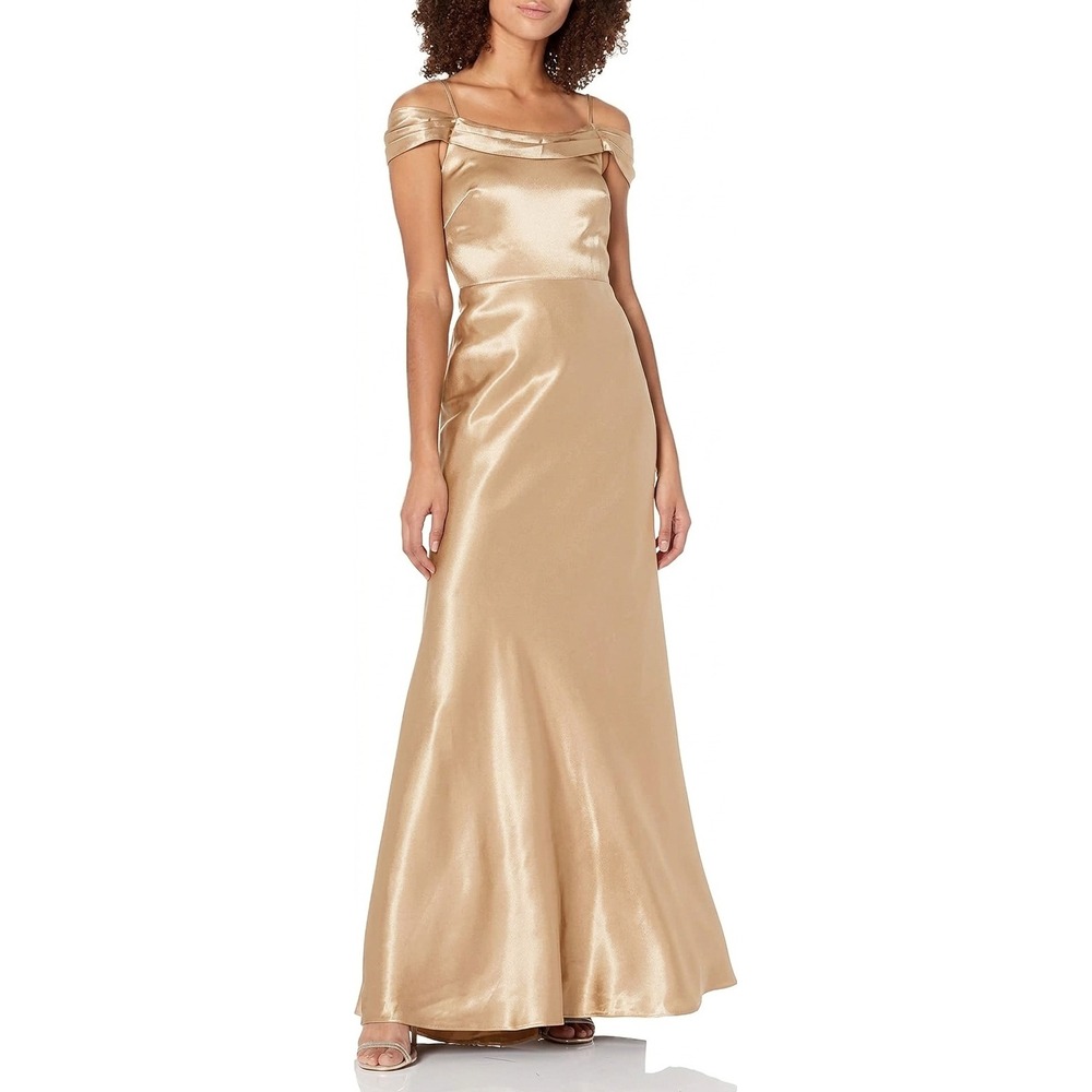 Jenny Yoo Serene Satin Off the Shoulder Gown Champagne Formal Dress Size 6